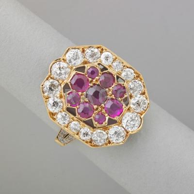 Appraisal: LADIES DIAMOND AND RUBY K GOLD DRESS RING Canted rectangular