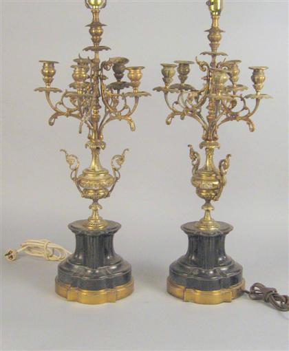 Appraisal: Pair of French gilt brass and black slate six-light candelabra