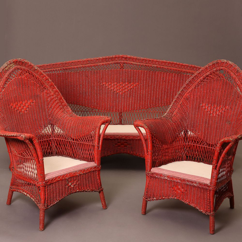 Appraisal: American Red Wicker Sofa and Two Chairs ca American Wicker