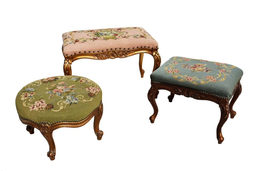 Appraisal: THREE FRENCH ROCOCO STYLE STOOLSMid- th Century Each with a