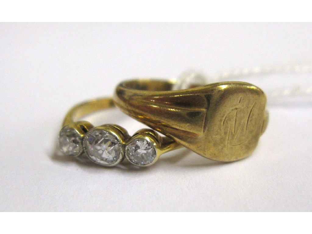 Appraisal: Lot comprising 's ct gold diamond three stone ring and