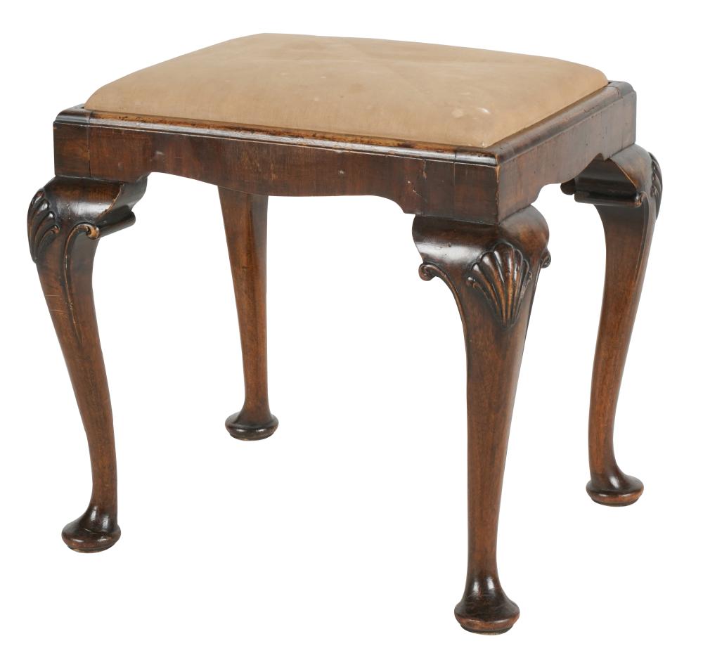 Appraisal: ANTIQUE GEORGIAN-STYLE MAHOGANY STOOLthe seat covered with fabric with shell-carved