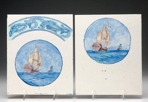 Appraisal: MARBLEHEAD Two study plaques painted with medallions of ships against