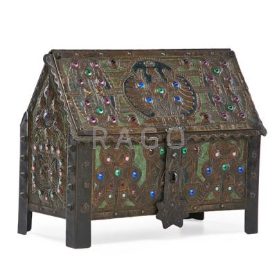 Appraisal: ALFRED DAGUET French - JEWELED CASKET Lidded box in hammered