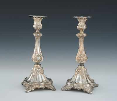 Appraisal: A Pair of Silver Plated Polish Judaic Sabbath Candlesticks by