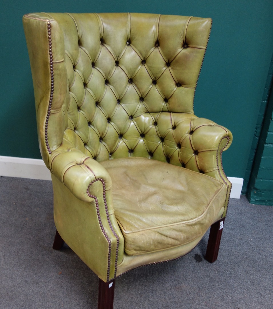 Appraisal: A George III style brass studded green leather upholstered high