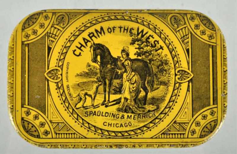 Appraisal: Charm of the West Flat Pocket Tobacco Tin Description Nice