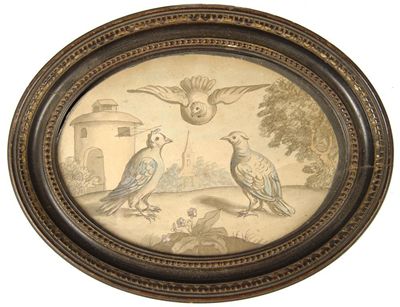 Appraisal: A th century oval wash drawing three doves x in