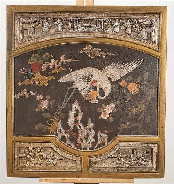 Appraisal: Chinese carved and painted wood panel with a painted scene