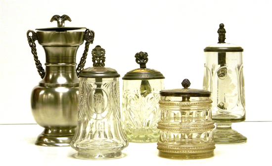 Appraisal: Four cut glass steins and one th C testimonial flagon