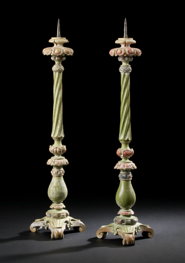 Appraisal: Pair of Italian Carved Pea-Green and Vieux-Rose-Painted and Antiqued Tripodal