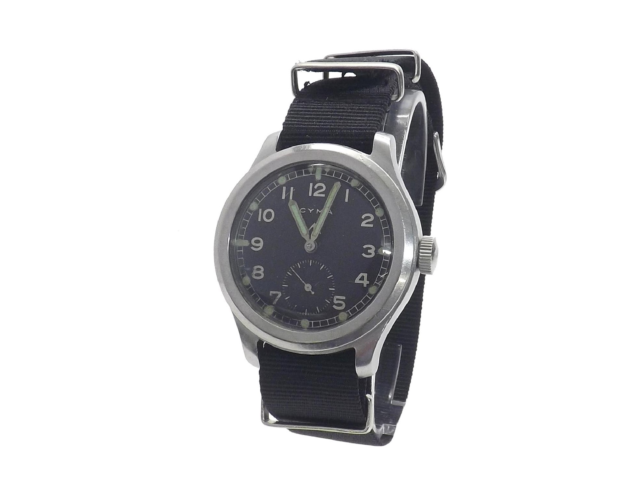 Appraisal: Cyma WWII British Military issue stainless steel wristwatch the black