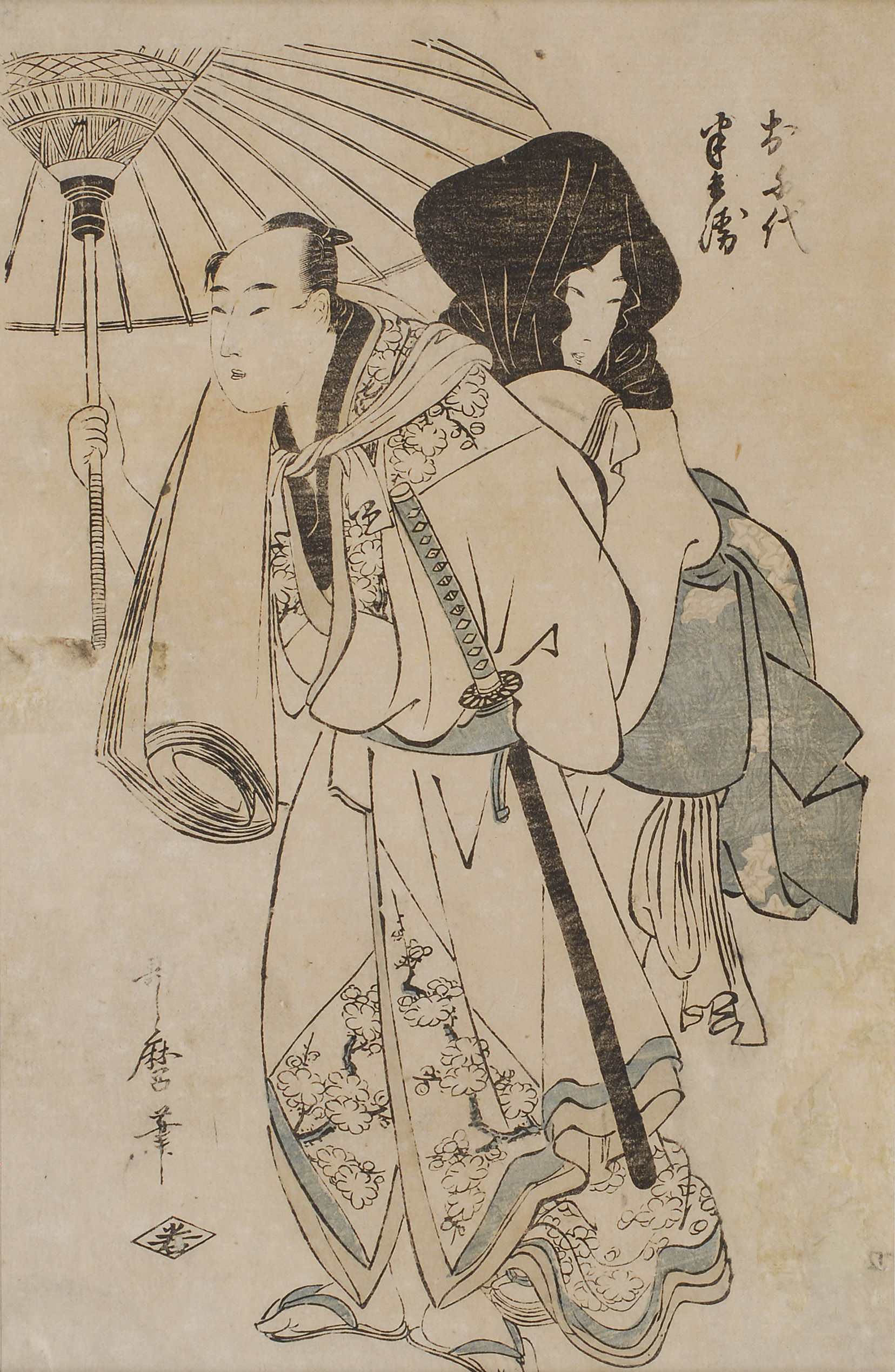 Appraisal: UTAMARO Oban tate-eMan and woman with umbrella ConditionAs is condition