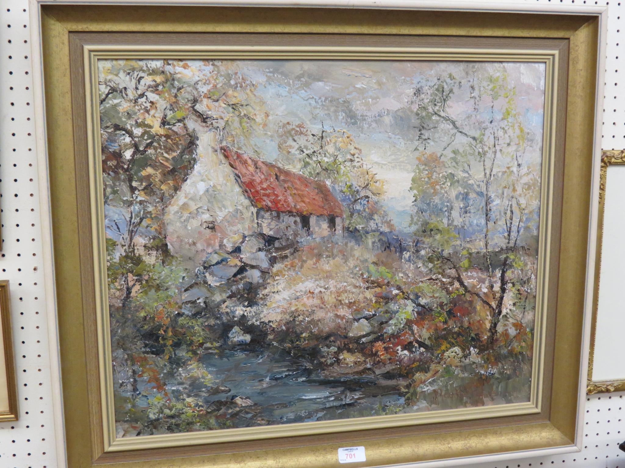 Appraisal: M Hutchison - impressionist oil on board entitled verso Cottage