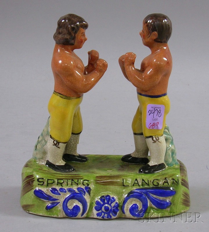 Appraisal: Staffordshire-type Boxers Spring-Langan Figural Group th century ht lg in