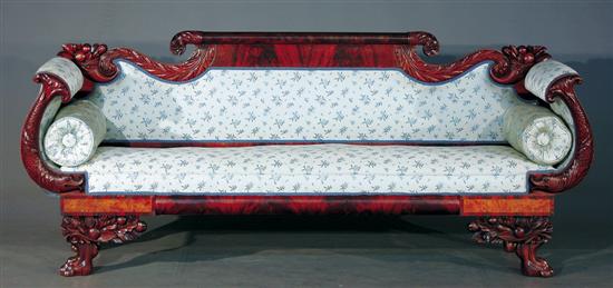 Appraisal: American classical carved mahogany sofa circa rolled crestrail terminating in