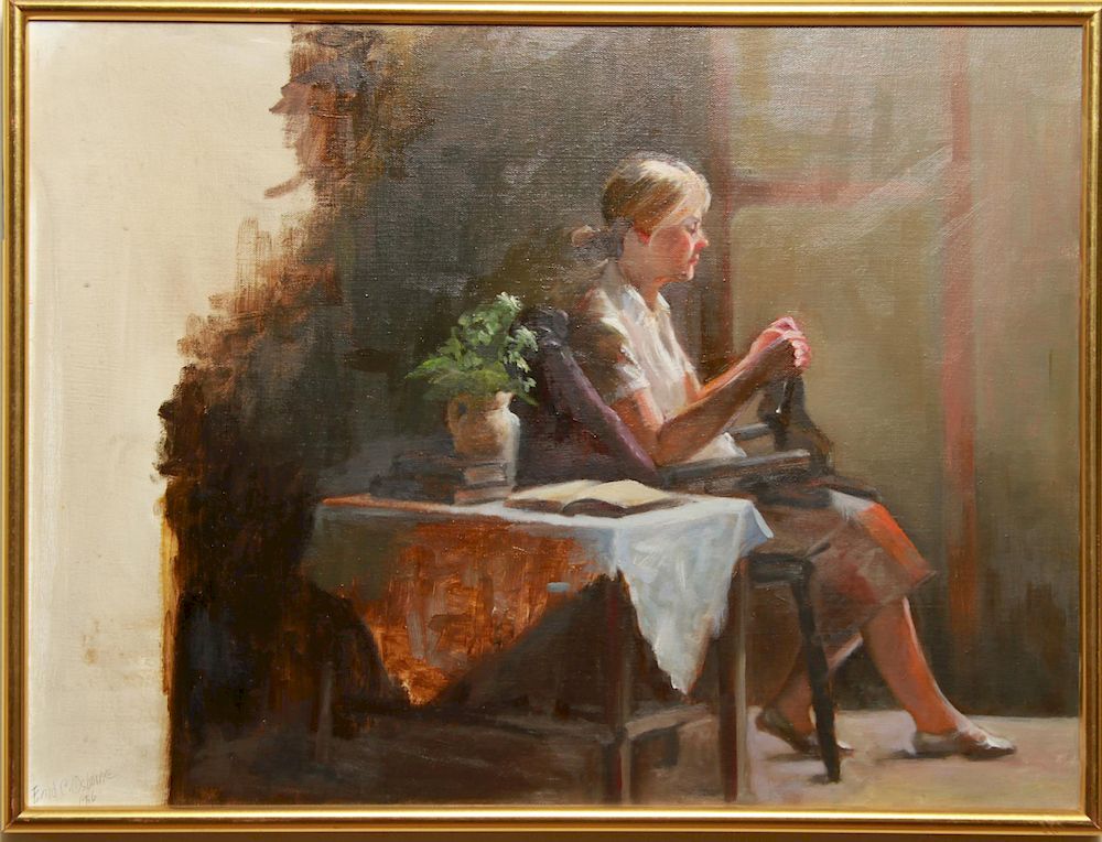 Appraisal: Enid C Osborne Woman Knitting Oil on Canvas Enid C