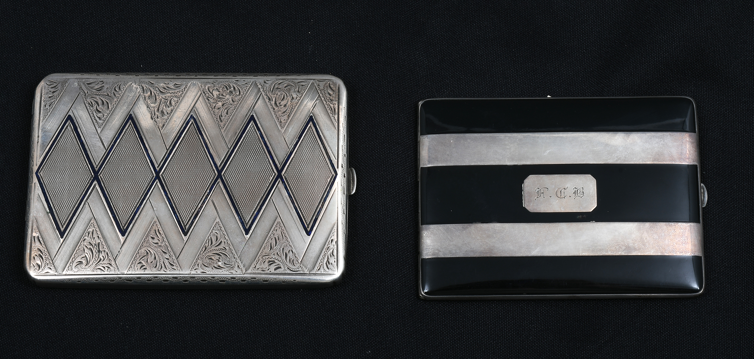 Appraisal: ENAMELED ART DECO SILVER CIGARETTE CASES Comprising - Case by