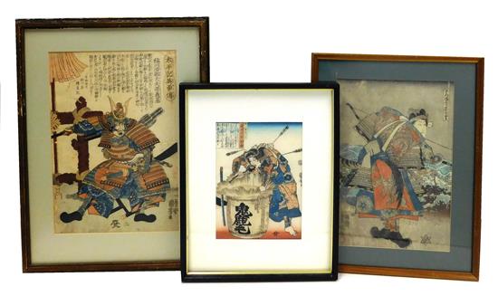 Appraisal: ASIAN Three th C Japanese woodblock prints depicting samurai first