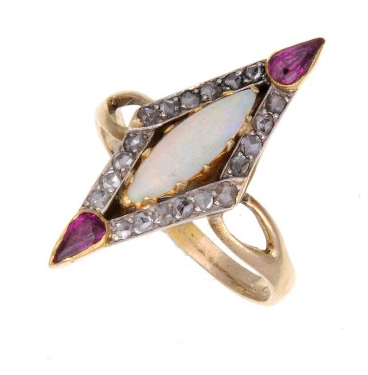 Appraisal: A FRENCH RUBY DIAMOND AND OPAL LOZENGE CLUSTER RING with