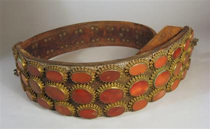 Appraisal: Persian leather brass and agate belt th century Of heavy