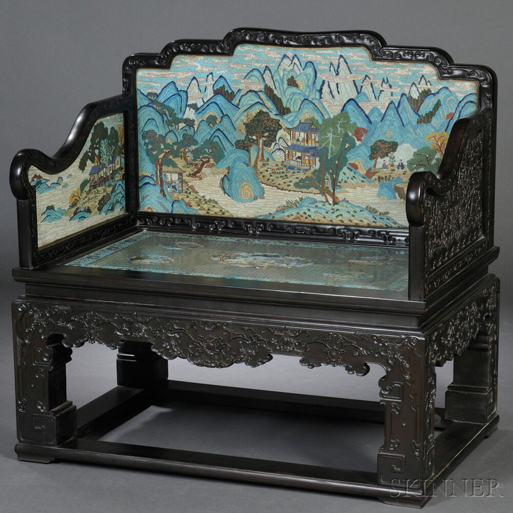 Appraisal: Cloisonne and Zitan Armchair China the back and arms set