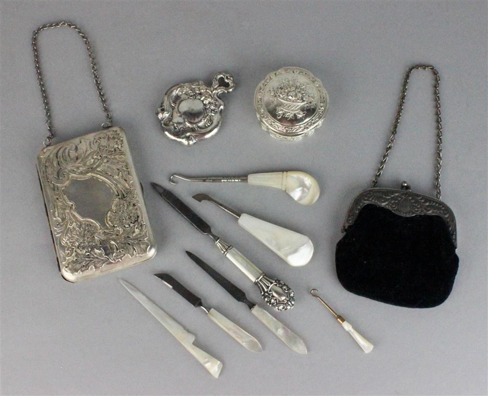 Appraisal: GROUP OF LADY'S PLATED ACCOUTREMENTS including a German silver pillbox