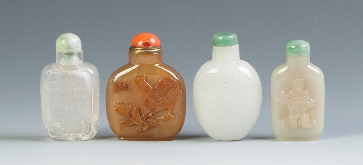 Appraisal: Four Chinese Hardstone Glass Snuff Bottles