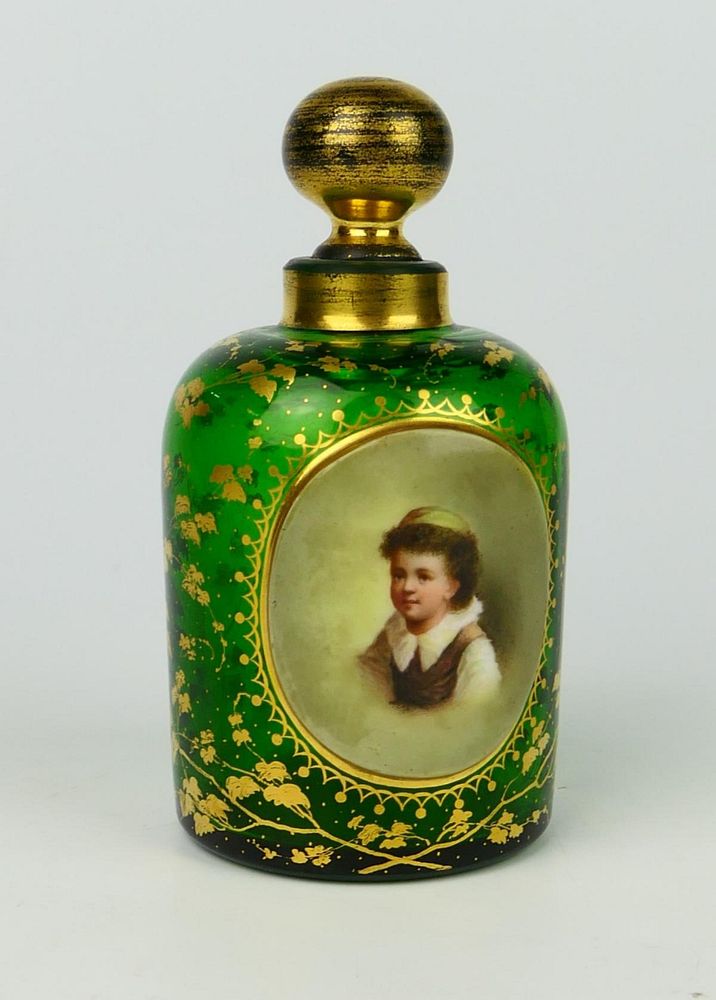 Appraisal: ANTIQUE FRENCH GREEN PERFUME BOTTLE WITH PORTRAIT Stands tall With