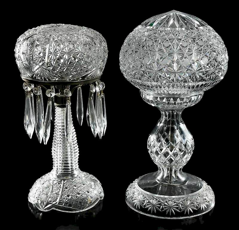 Appraisal: Two Brilliant Period Cut Glass Boudoir Lamps Russian variation one