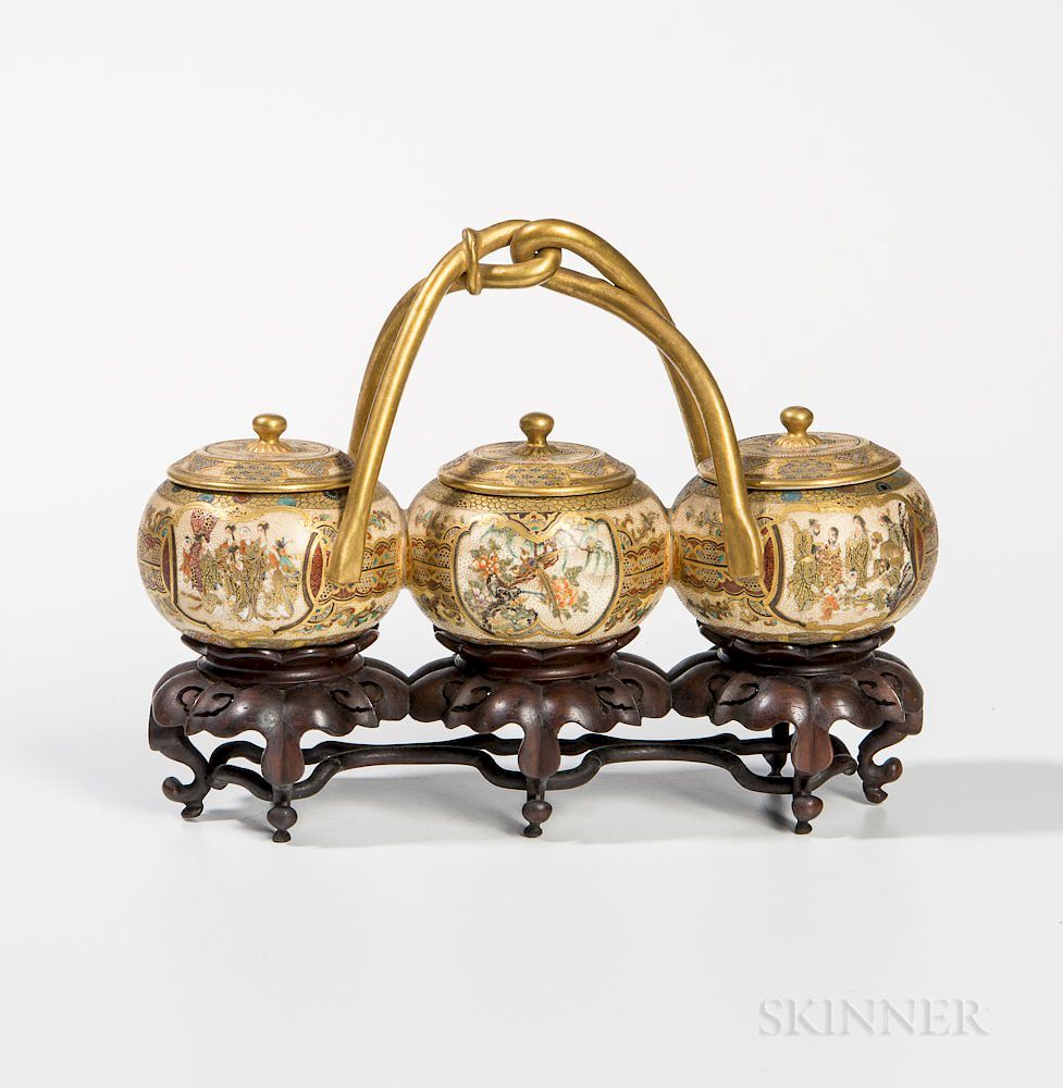 Appraisal: Satsuma Triple-bowl Condiment Set with Covers Satsuma Triple-bowl Condiment Set