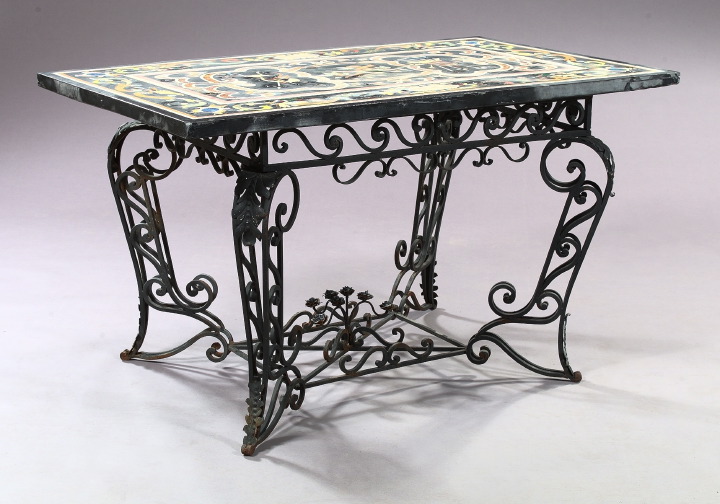 Appraisal: Italian Wrought-Iron and Inlaid Specimen Marble-top Conservatory Table the thick