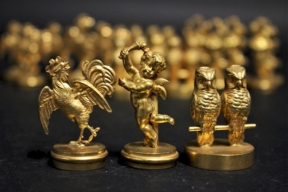 Appraisal: French Gilt Placecard Holders Cherubs roosters double owls Marked AG