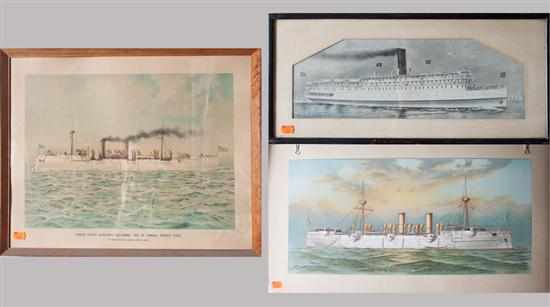 Appraisal: Maritime Three ship prints ''Battleship Baltimore '' color lithograph framed