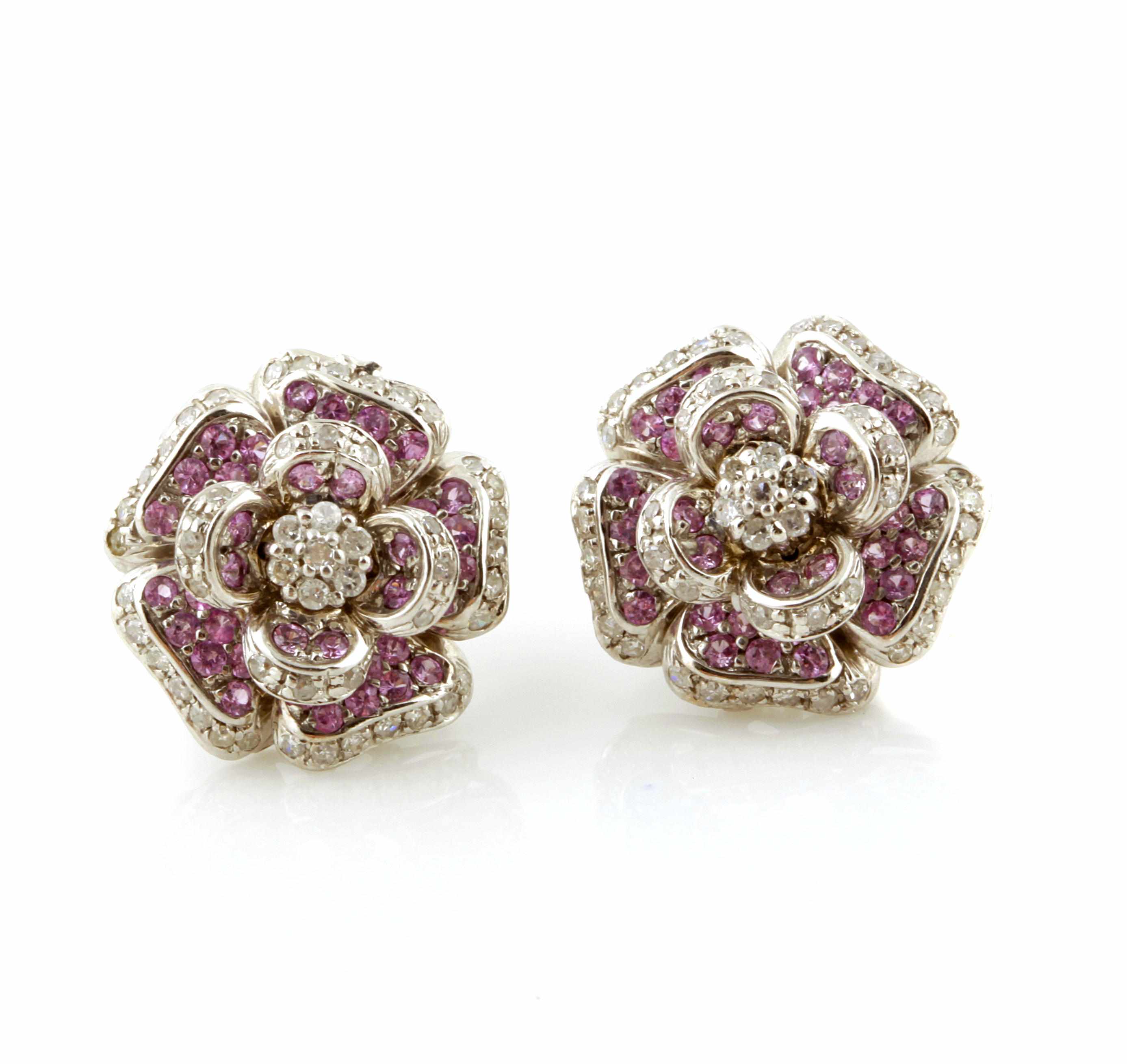 Appraisal: A pair of pink sapphire and diamond flower earrings one