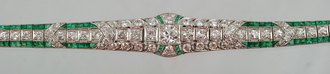 Appraisal: Art deco platinum diamond and emerald belly bracelet