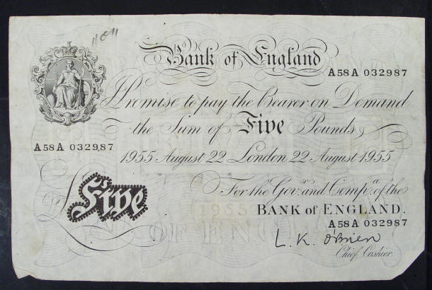 Appraisal: White Bank of England note O'Brien No A A