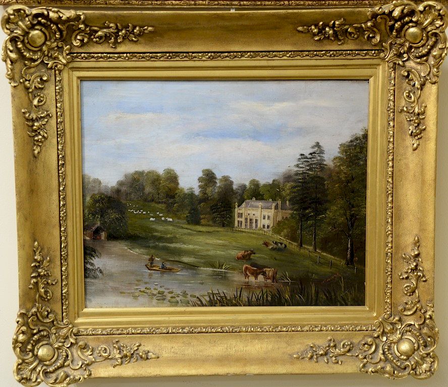 Appraisal: Oil on canvas English country landscape river and farm in