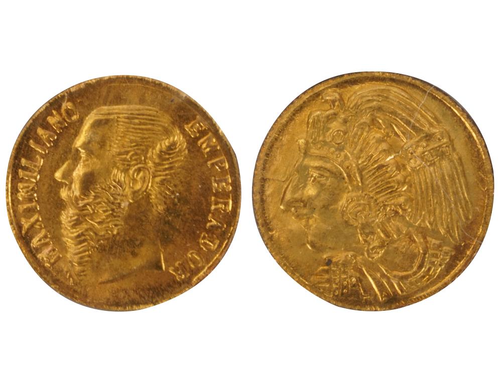 Appraisal: TWO SMALL MEXICAN GOLD COINScomprising one Emperor Maximilian coin and