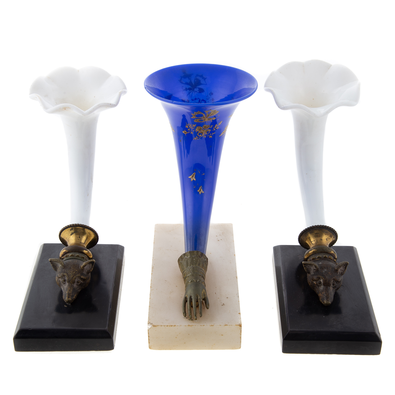 Appraisal: PAIR OF CONTINENTAL GLASS GILT METAL BUD VASES Second half