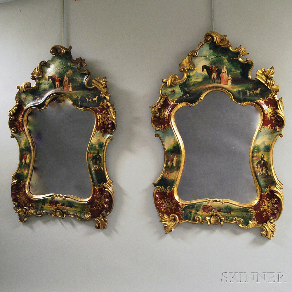 Appraisal: Pair of Rococo-style Paint-decorated and Gilt Mirrors the frames with