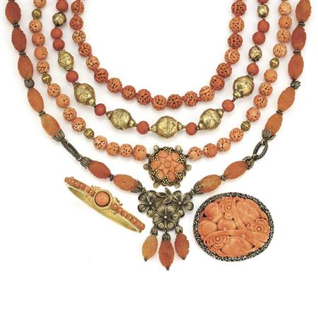 Appraisal: Group of Carved Coral and Coral Jewelry and Carnelian Bead