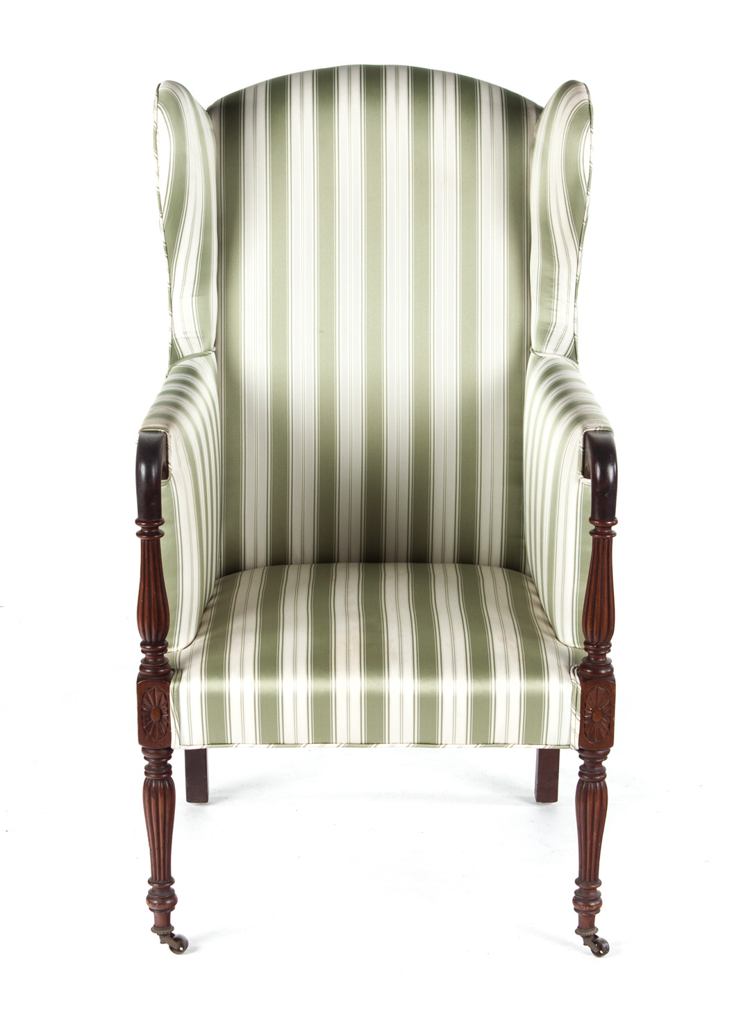 Appraisal: Sheraton style upholstered mahogany wing chair winged back back arms