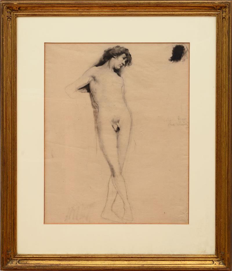 Appraisal: FRENCH SCHOOL NUDE MALE WITH CROSSED LEGS Chalk on beige