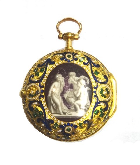 Appraisal: A gold cased and enameled front key wind openfaced pocket