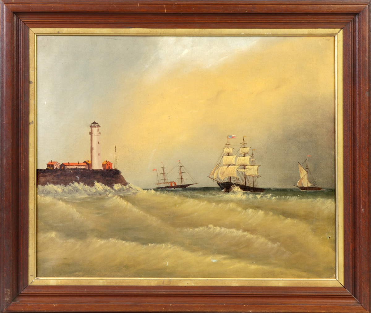 Appraisal: th Cent Painting of Ships lighthouse Unsigned oil canvas