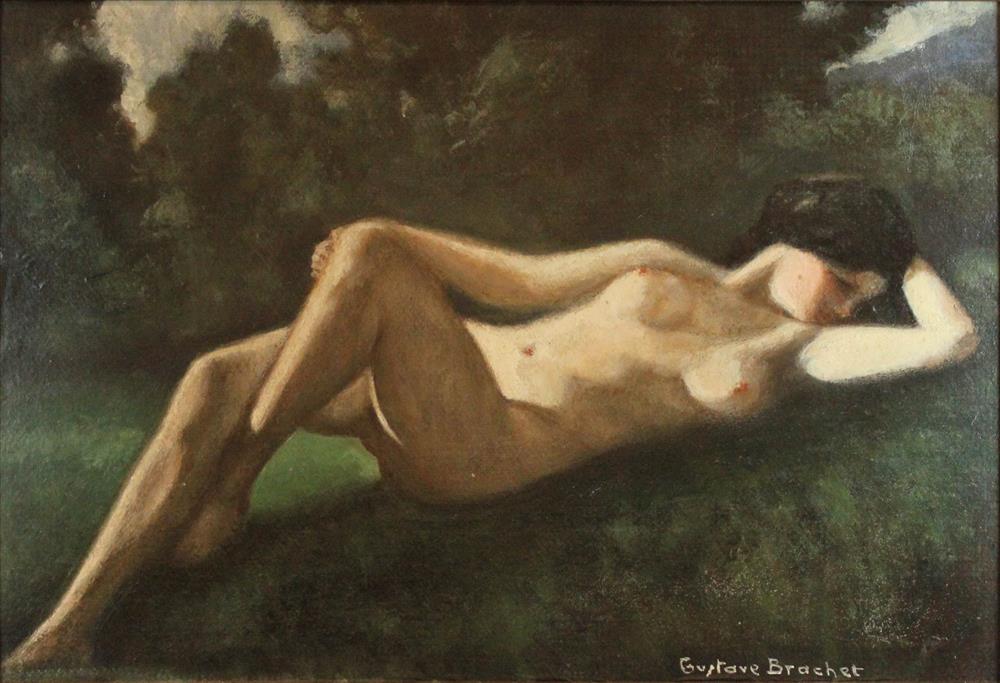 Appraisal: GUSTAVE BRACHET FRENCH SCHOOL TH CENTURY RECLINING NUDE Oil on