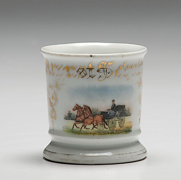 Appraisal: HORSE-DRAWN BUGGY OCCUPATIONAL SHAVING MUG porcelain with polychrome painted scene