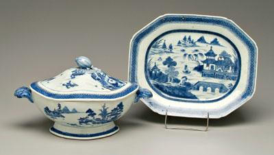 Appraisal: Two pieces Chinese export porcelain blue and white coastal village