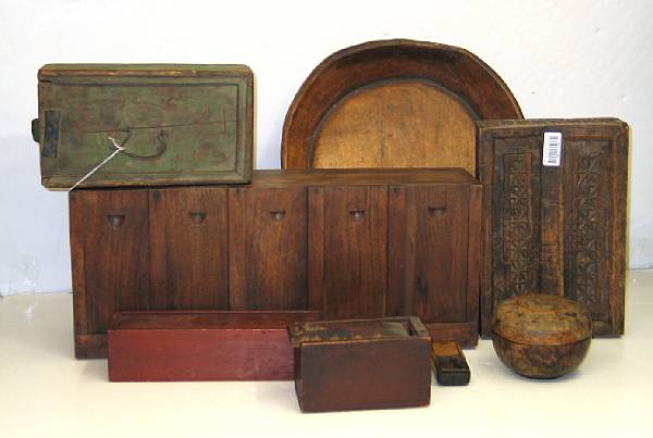 Appraisal: An assembled grouping of eight folk art boxes and bowls